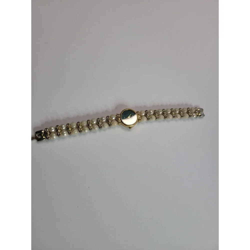 Vintage Gruen Green Dial Watch Gold Tone Double Row Pearl Bead Bracelet